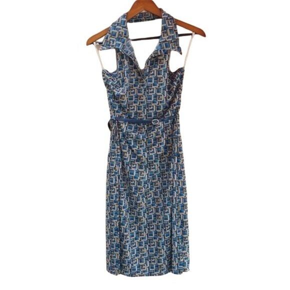 Vintage Dress Mod Wing Collared Halter Backless Belted 3D Squares Teal Size M - Picture 1 of 8